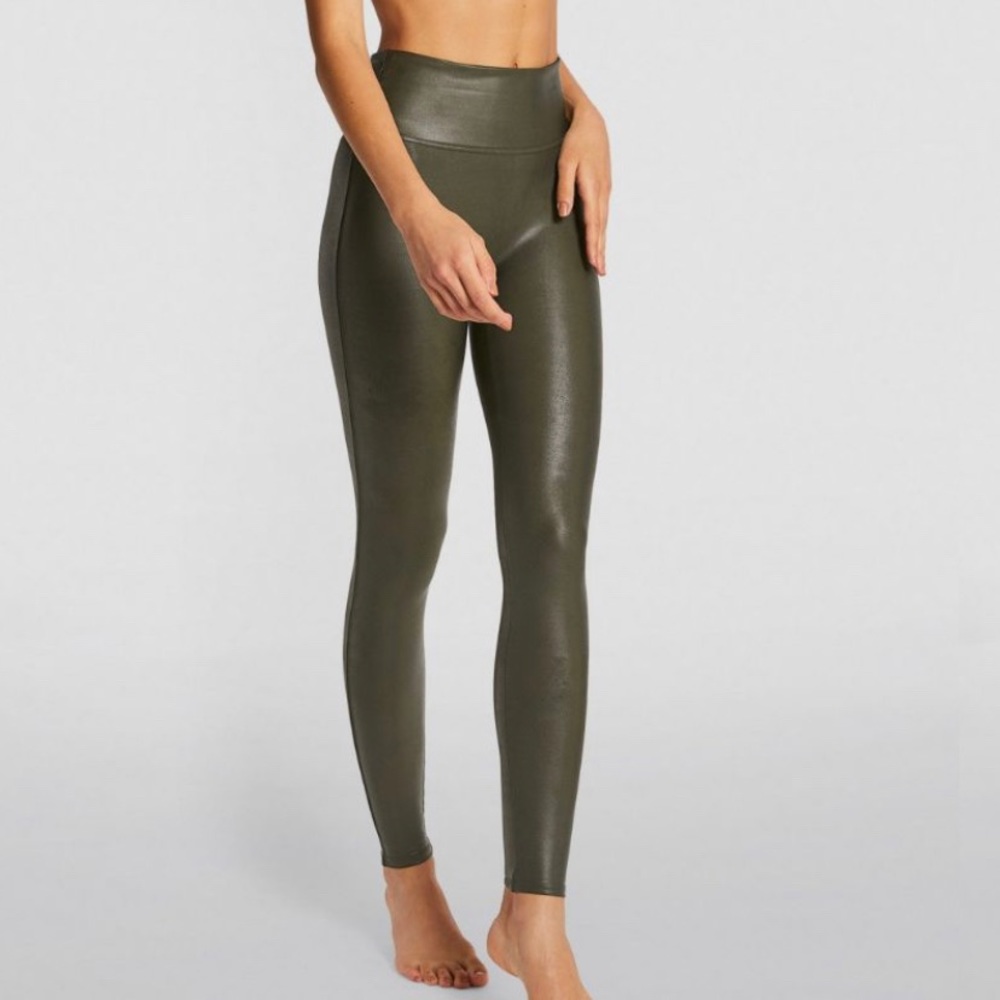 Spanx faux leather leggings, size SMALL, olive green, NWT